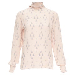 VALENTINO 100% silk blush pink grey triangle print tie neck blouse US4 S