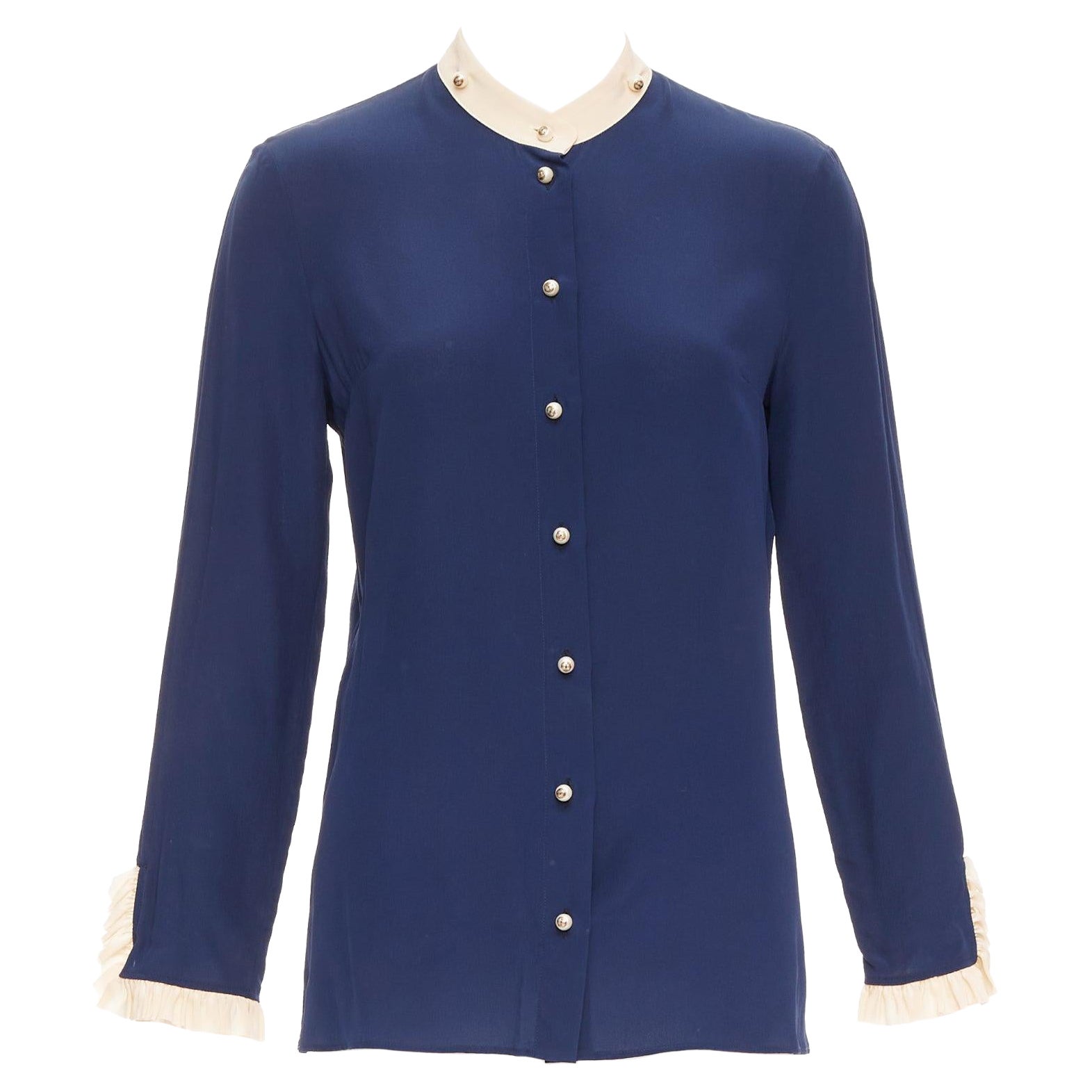GUCCI 2017 navy 100% silk GG pearl buttons ruffle trim blouse shirt IT40 S For Sale