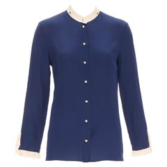 GUCCI 2017 navy 100% silk GG pearl buttons ruffle trim blouse shirt IT40 S