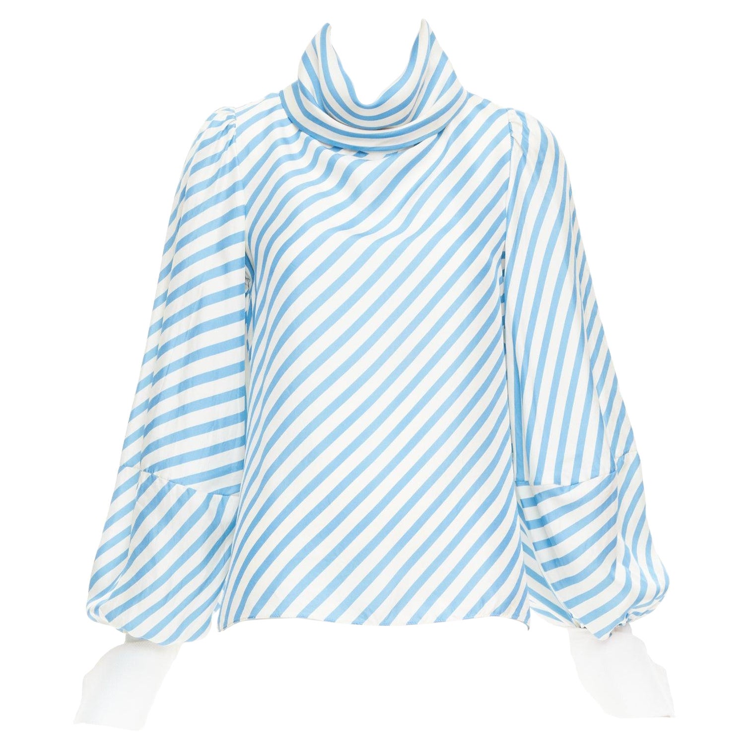MONSE silk twill blue cream bias cut striped puff sleeve blouse US2 S For Sale