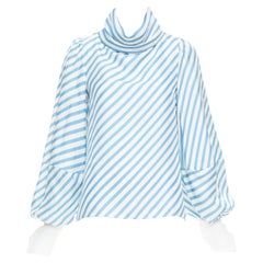 MONSE Seidenköper Blau Creme Schrägschnitt gestreifte Puffärmel Bluse US2 S