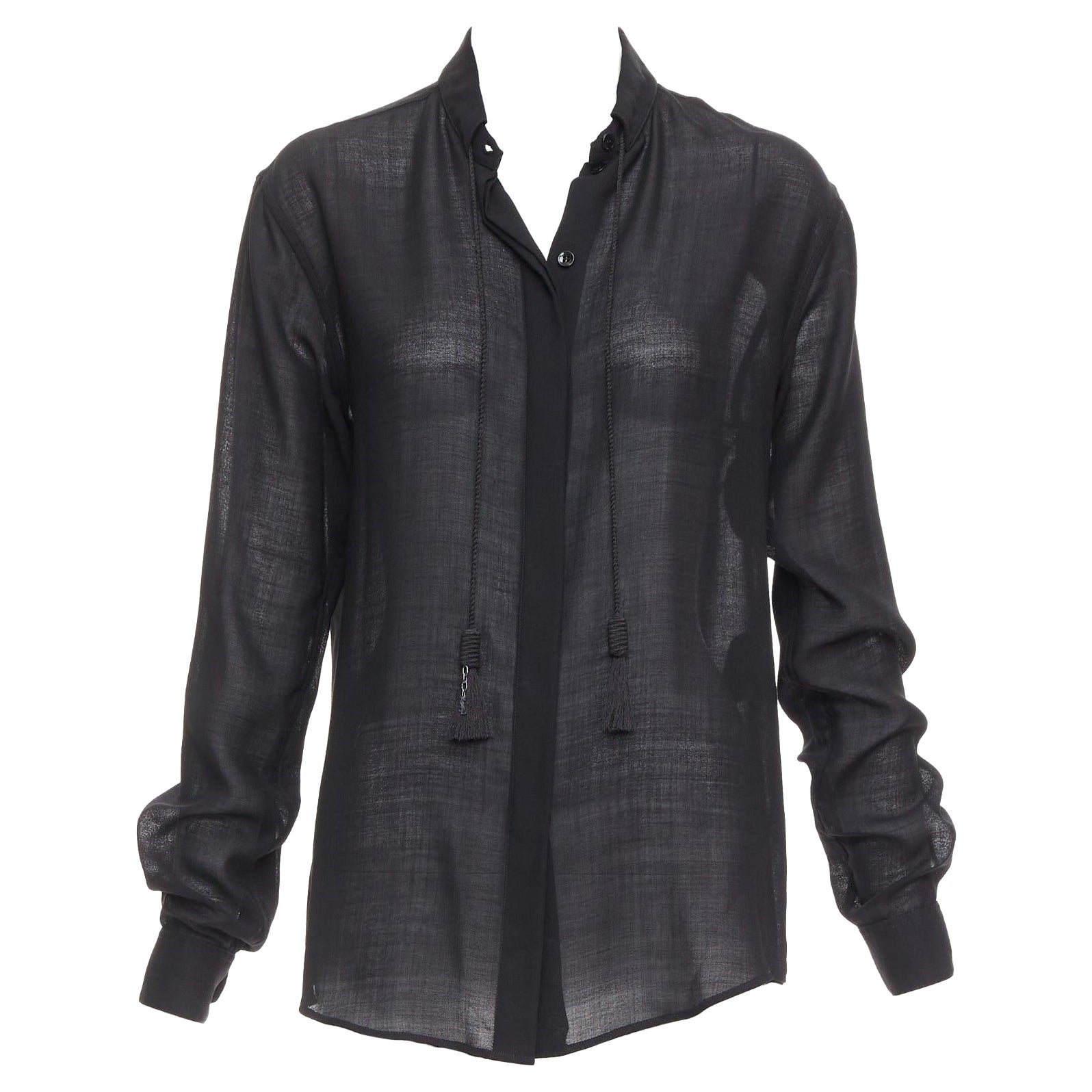 SAINT LAURENT 2018 black semi sheer wool blend YSL rope blouse FR34 XS For Sale