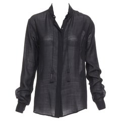 SAINT LAURENT 2018 blusa de cuerda YSL mezcla de lana negra semitransparente FR34 XS