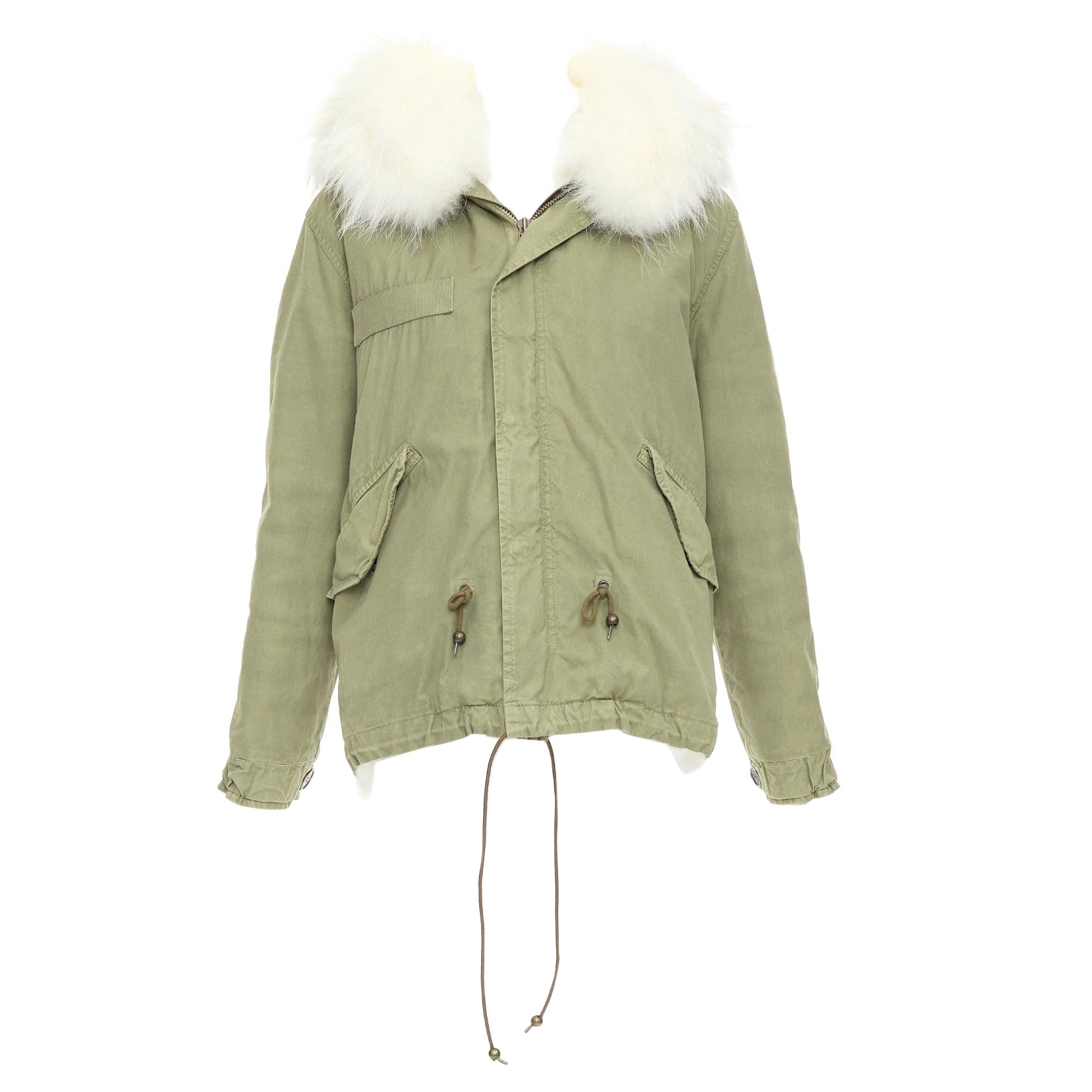 MR AND MRS ITALY  white fur lined hooded military green parka coat XXS For Sale