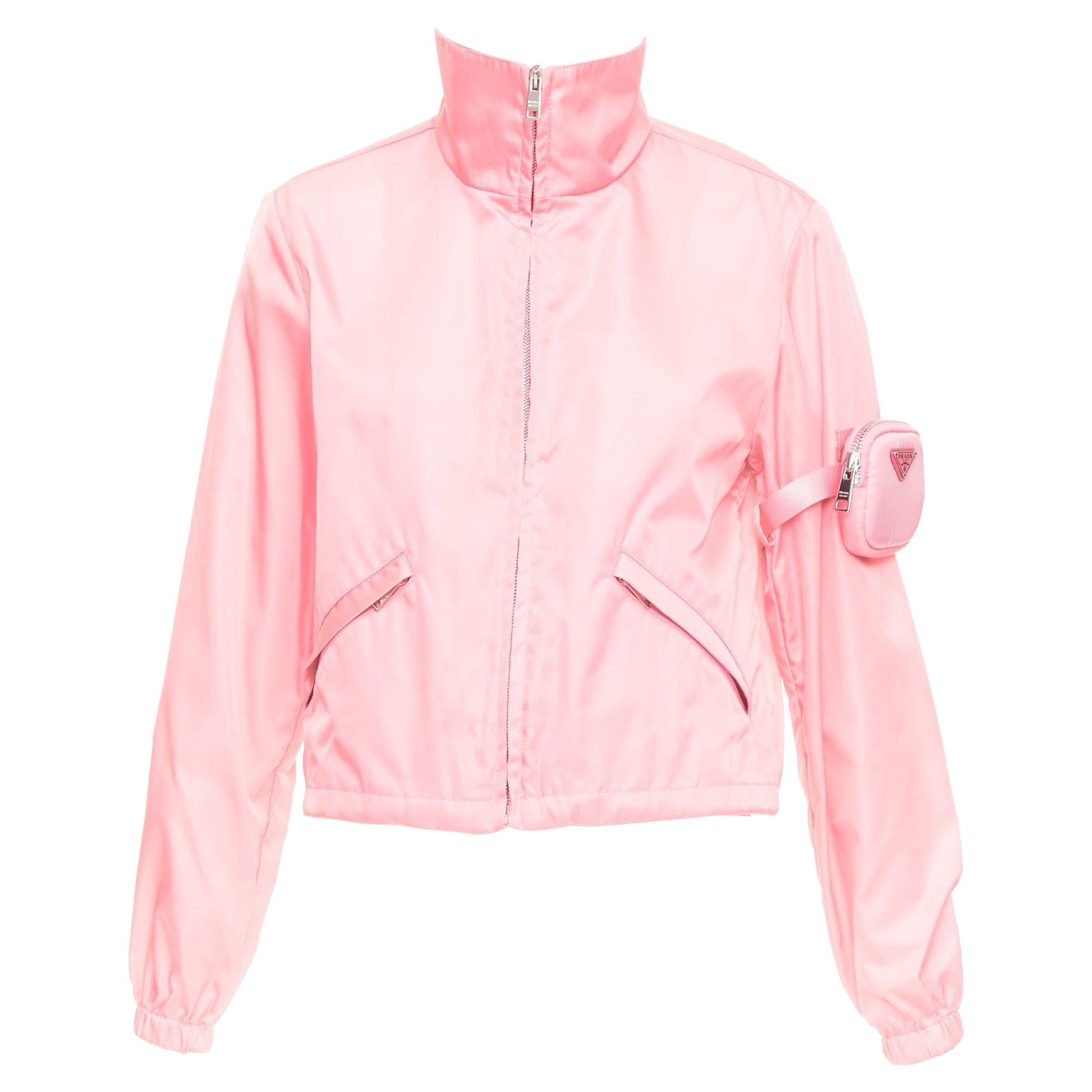 PRADA 2020 Re-Nylon pink nylon logo triangle pouch crop anorak IT38 XS For Sale