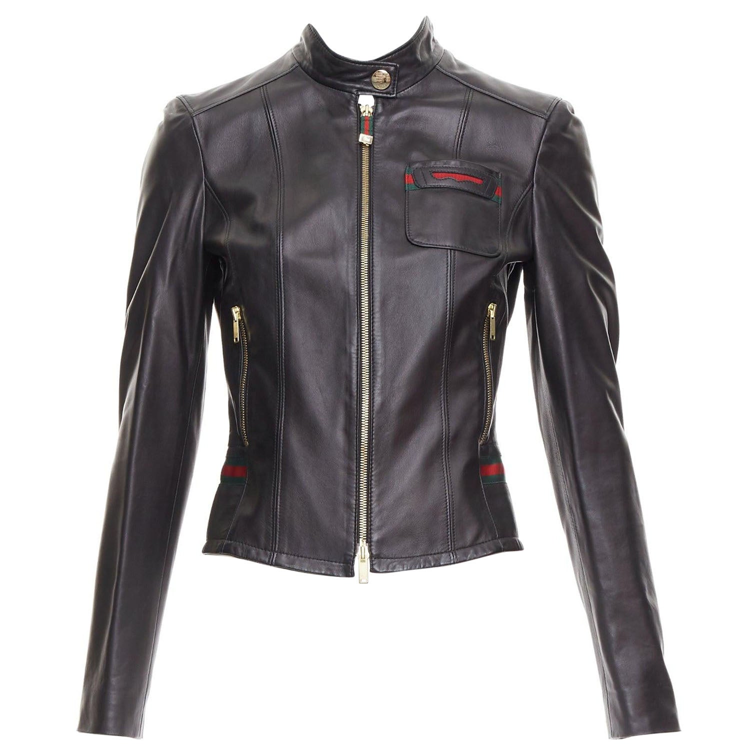 GUCCI Vintage black leather green red web moto biker jacket IT38 XS For Sale