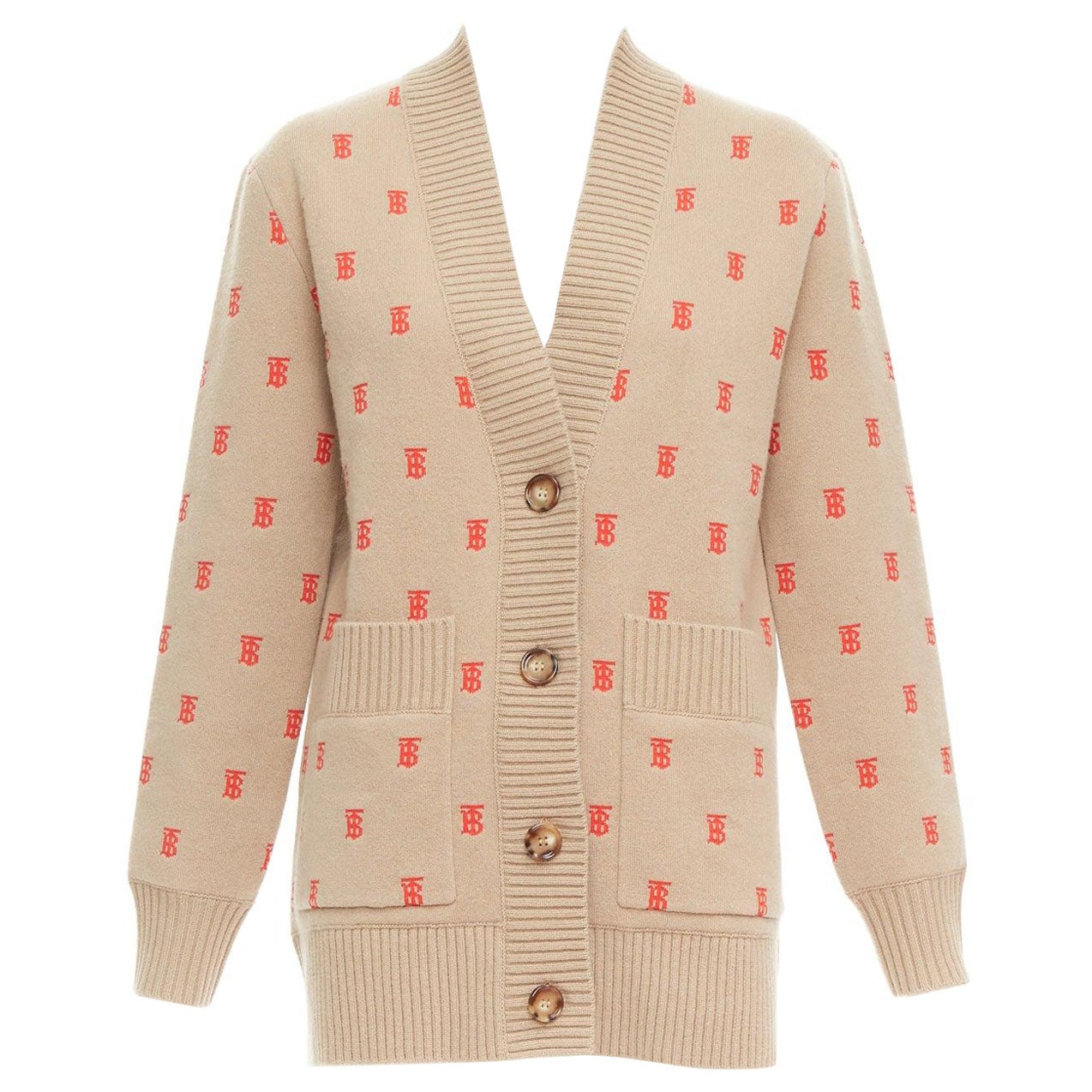 BURBERRY TB monogram camel red cashmere blend oversied cardigan XS For Sale
