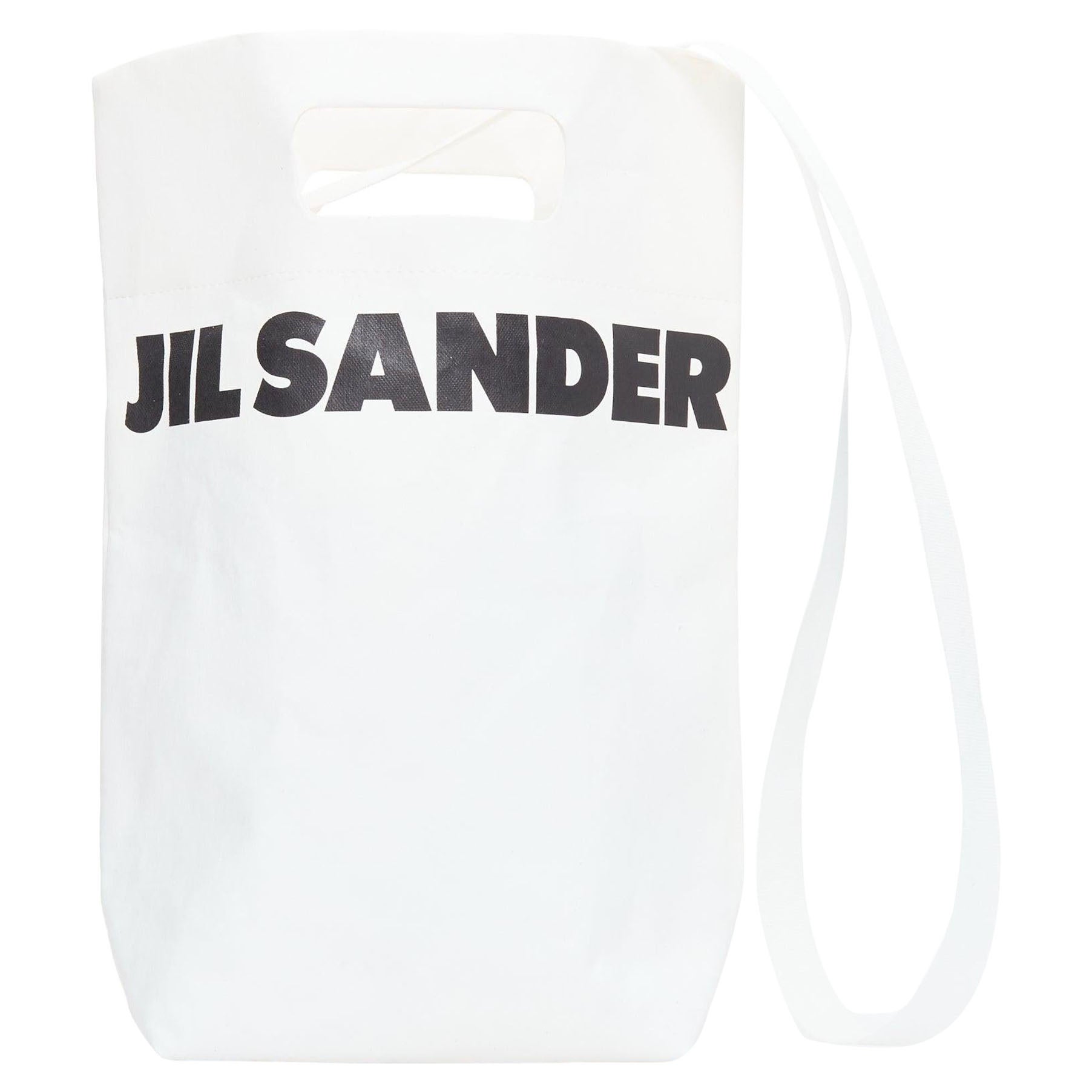 JIL SANDER cream black laminated paper logo crossbody tote bag For Sale