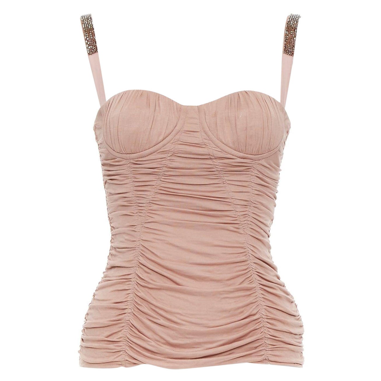 DOLCE GABBANA nude silk crystal strap ruched corset bustier IT38 XS For Sale
