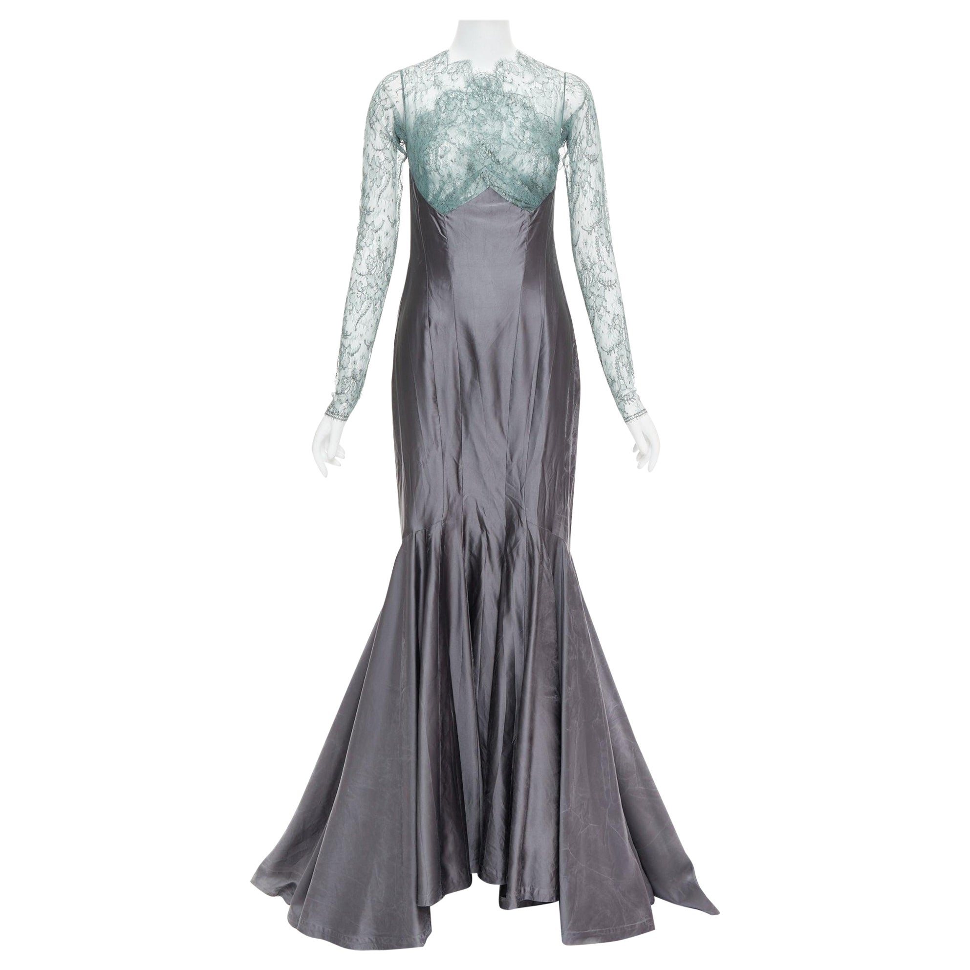 GUY LAROCHE COUTURE Robe sirène vintage de défilé vert dentelle grise soie, 2006