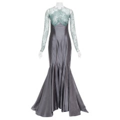 rare GUY LAROCHE COUTURE 2006 Vintage Runway green lace grey silk mermaid gown