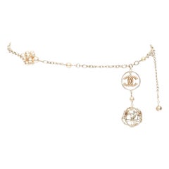 CHANEL 04A gold tone CC logo pearl globe charm chain belt necklace