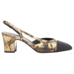 CHANEL gold black calfskinleather CC toe cap sling kitten pumps EU38
