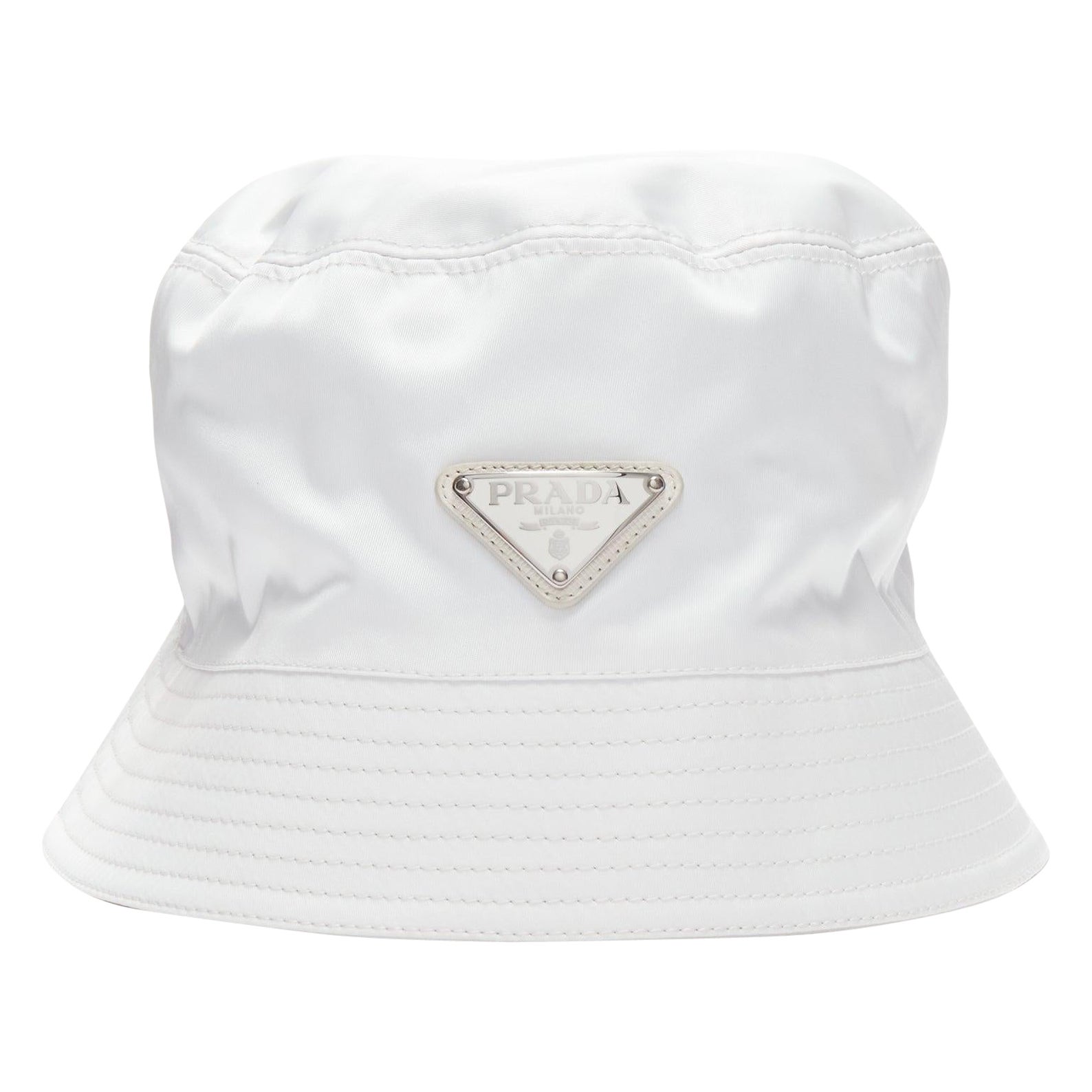 PRADA 2020 Re Nylon Symbole white enamel triangle logo bucket hat M