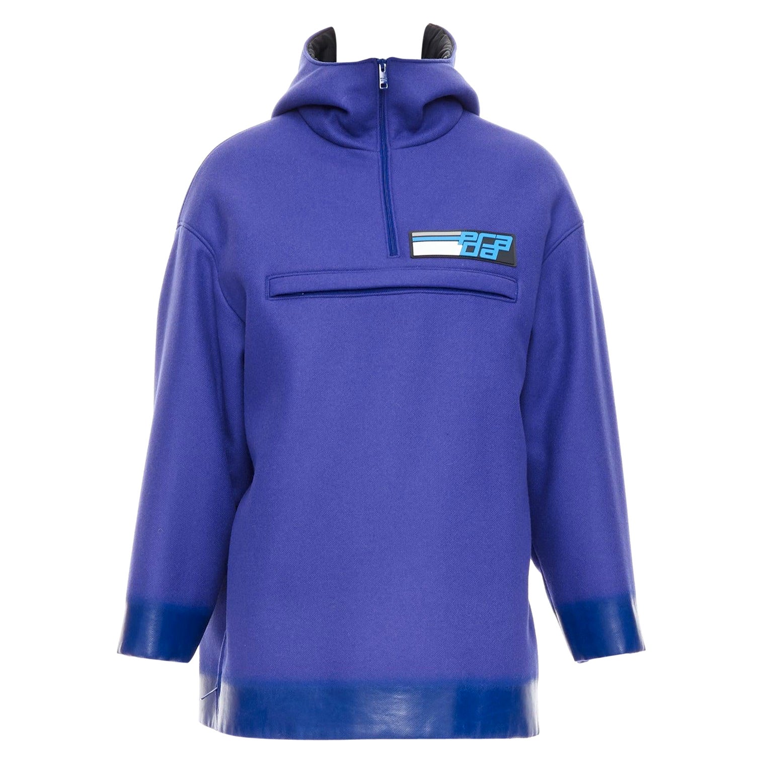 PRADA 2018 Runway blau Schurwolle lackiert Saum Popover Hoodie IT38 XSS