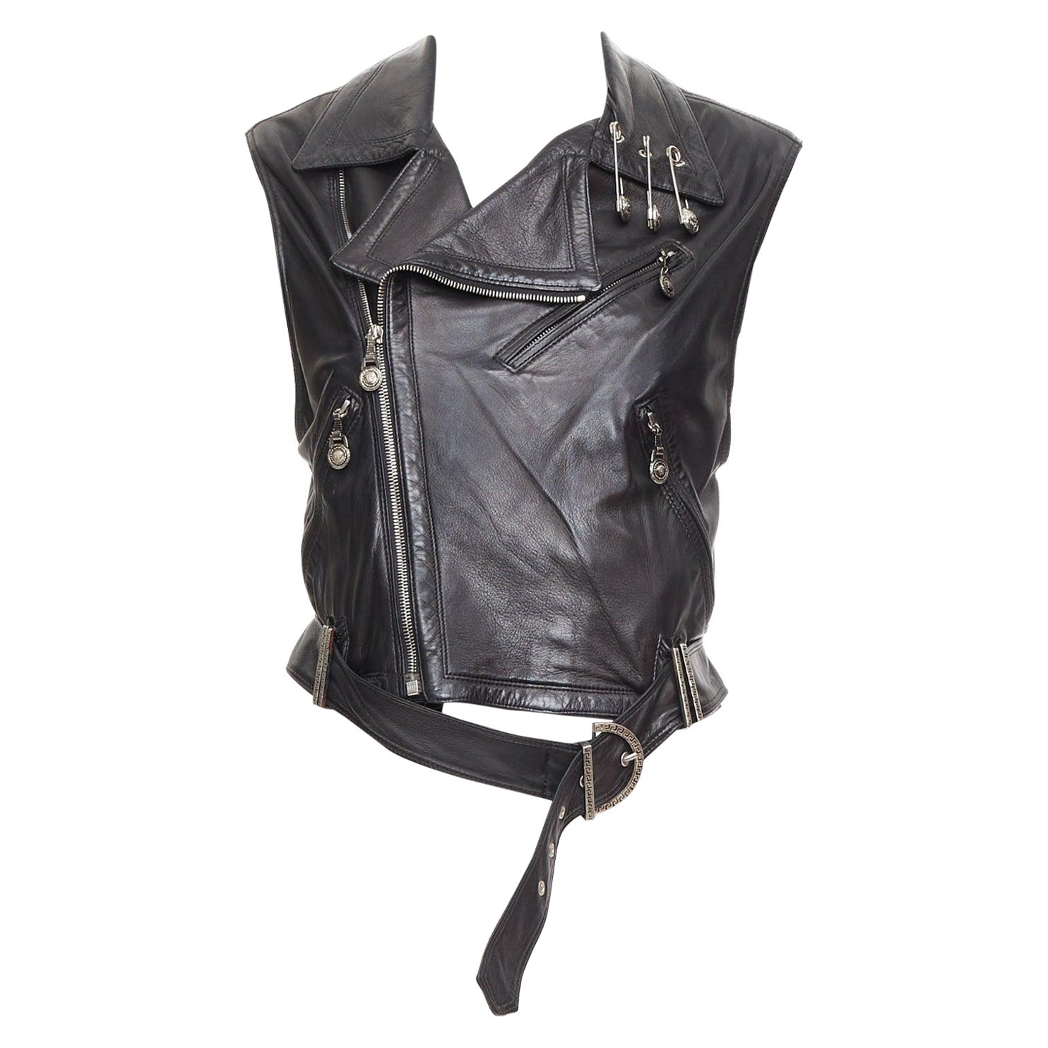 GIANNI VERSACE 1994 Vintage leather medusa safety pin biker vest IT38 XS For Sale
