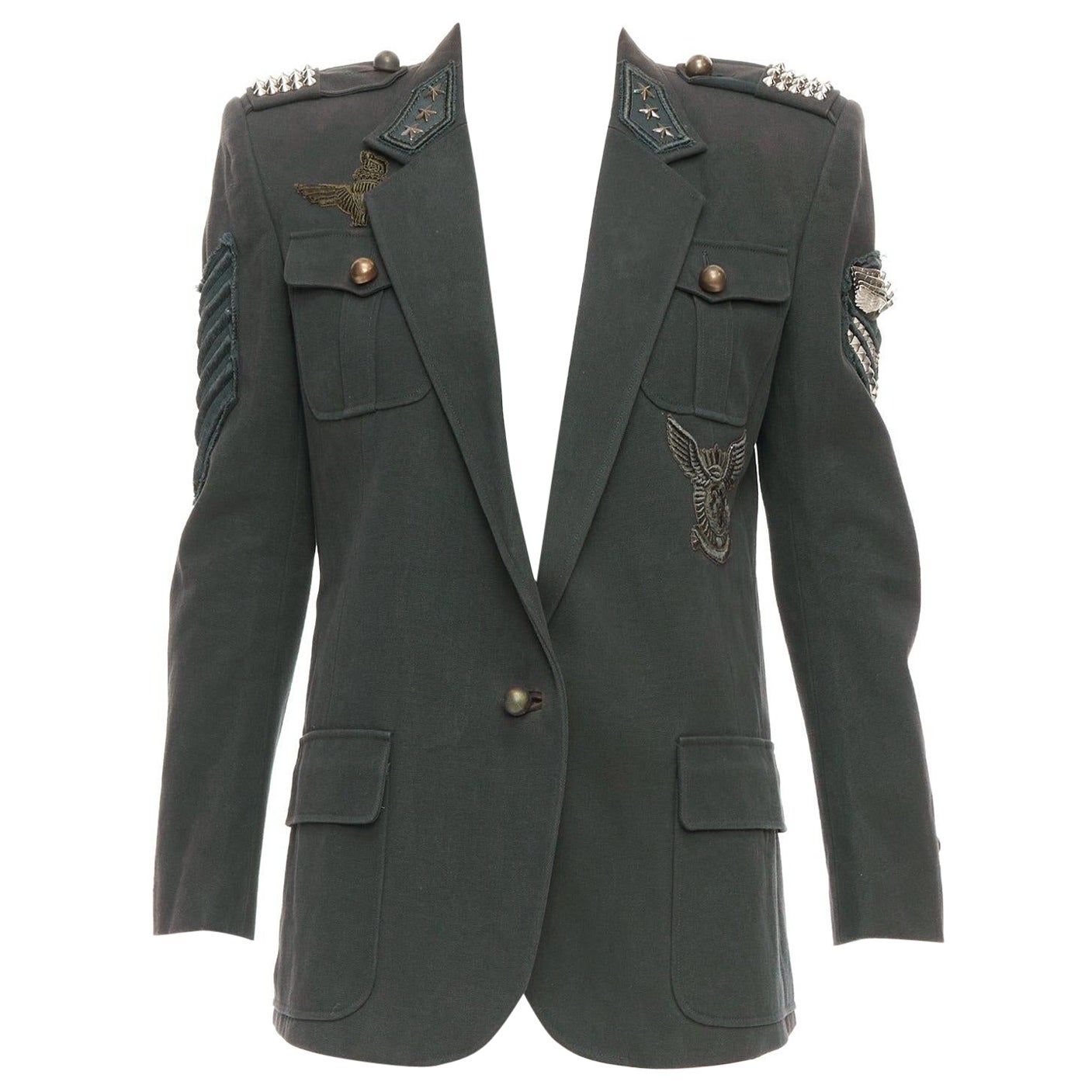 BALMAIN Vintage Decarnin green silver embellished military jacket FR40 M For Sale