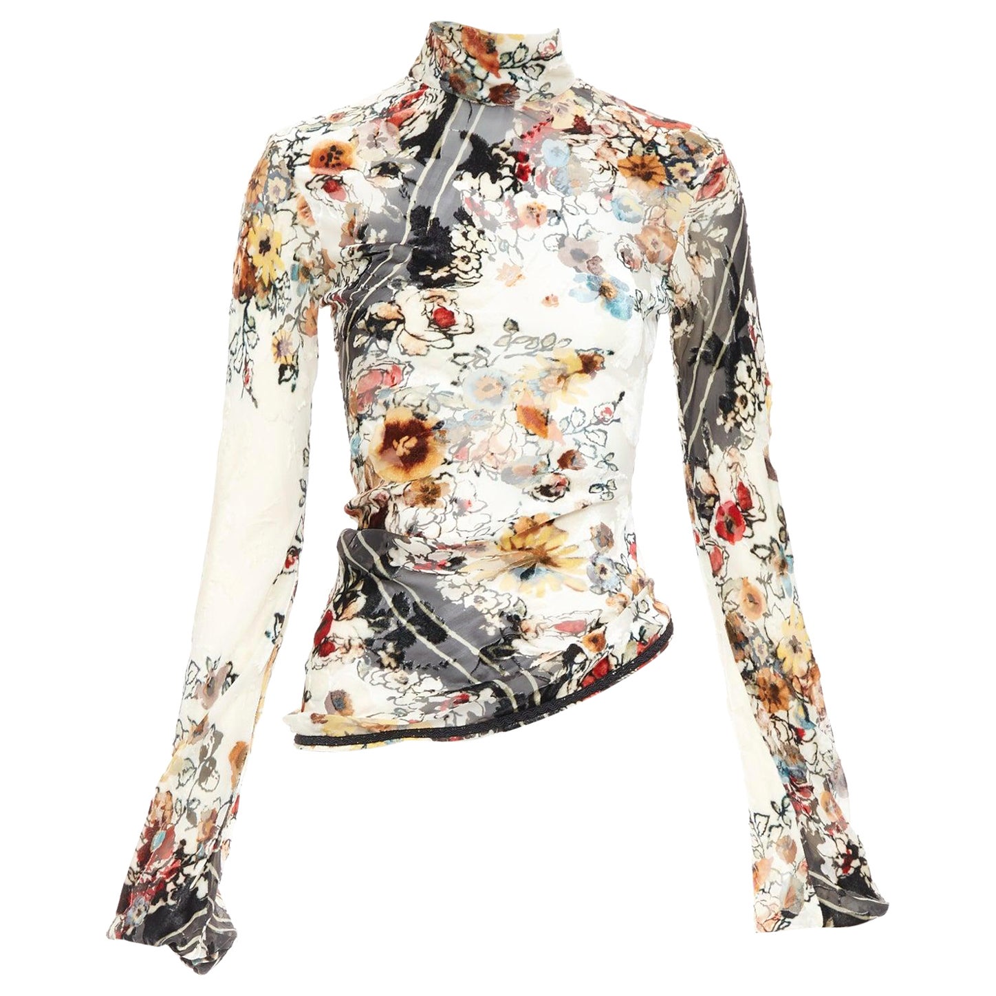 rare JEAN PAUL GAULTIER Vintage cream floral qipao devore asymmetric top IT38 XS For Sale