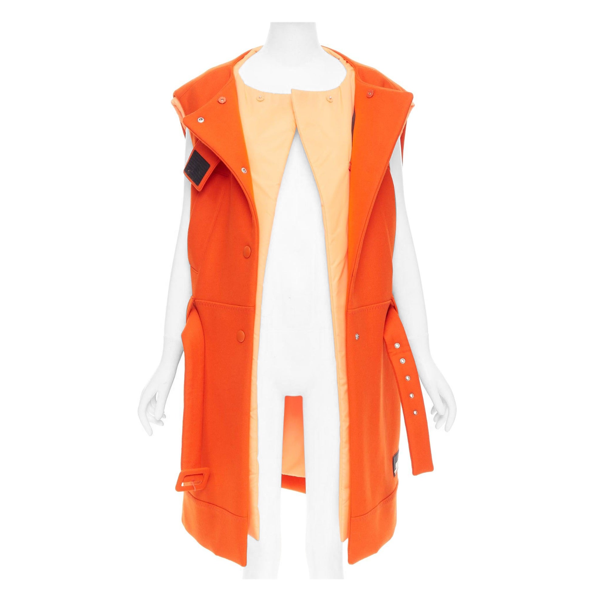 rare PRADA 2018 Runway orange virgin wool belted puffer lined long vest IT38 XS