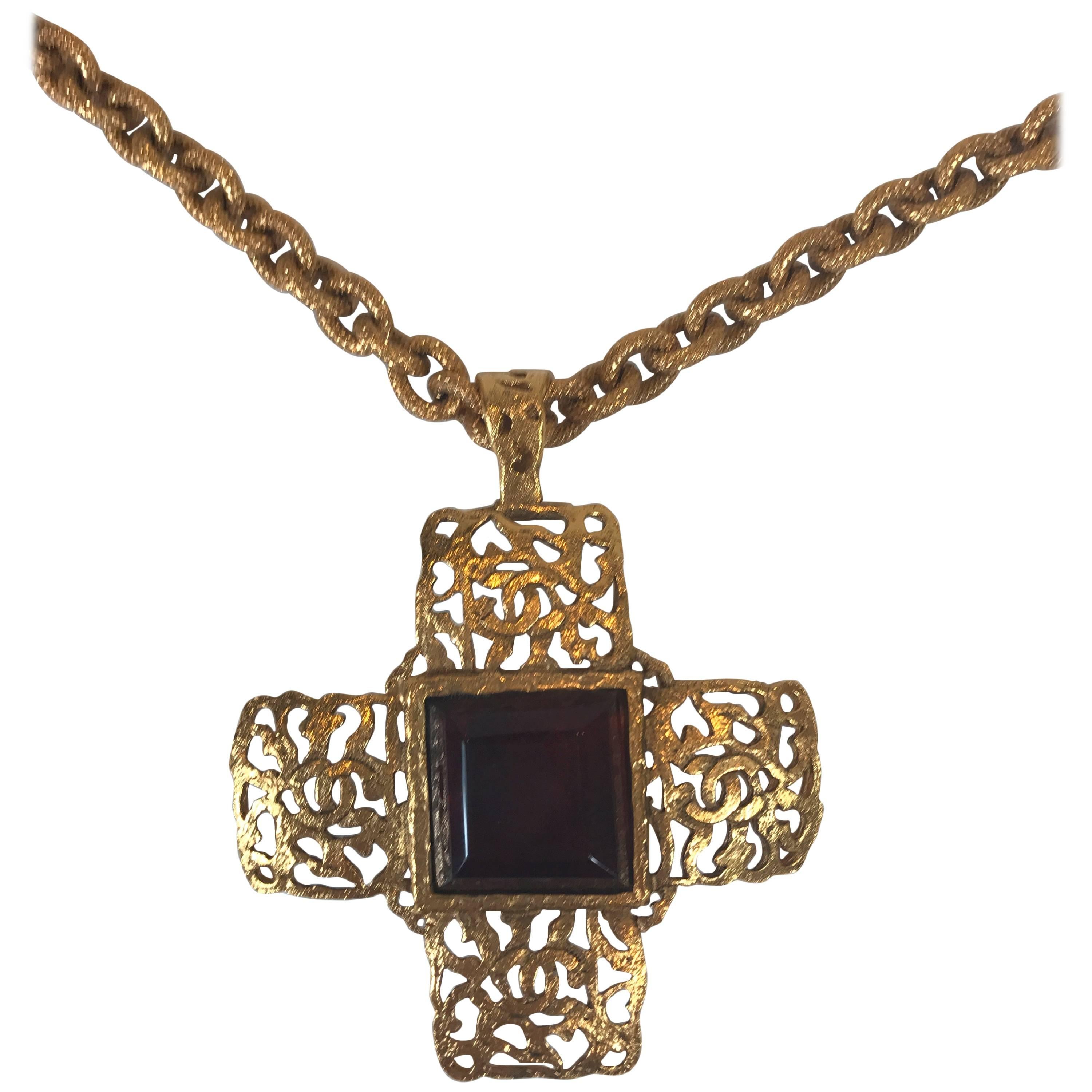 Chanel Vintage Red Gripoix Cross Pendant Necklace