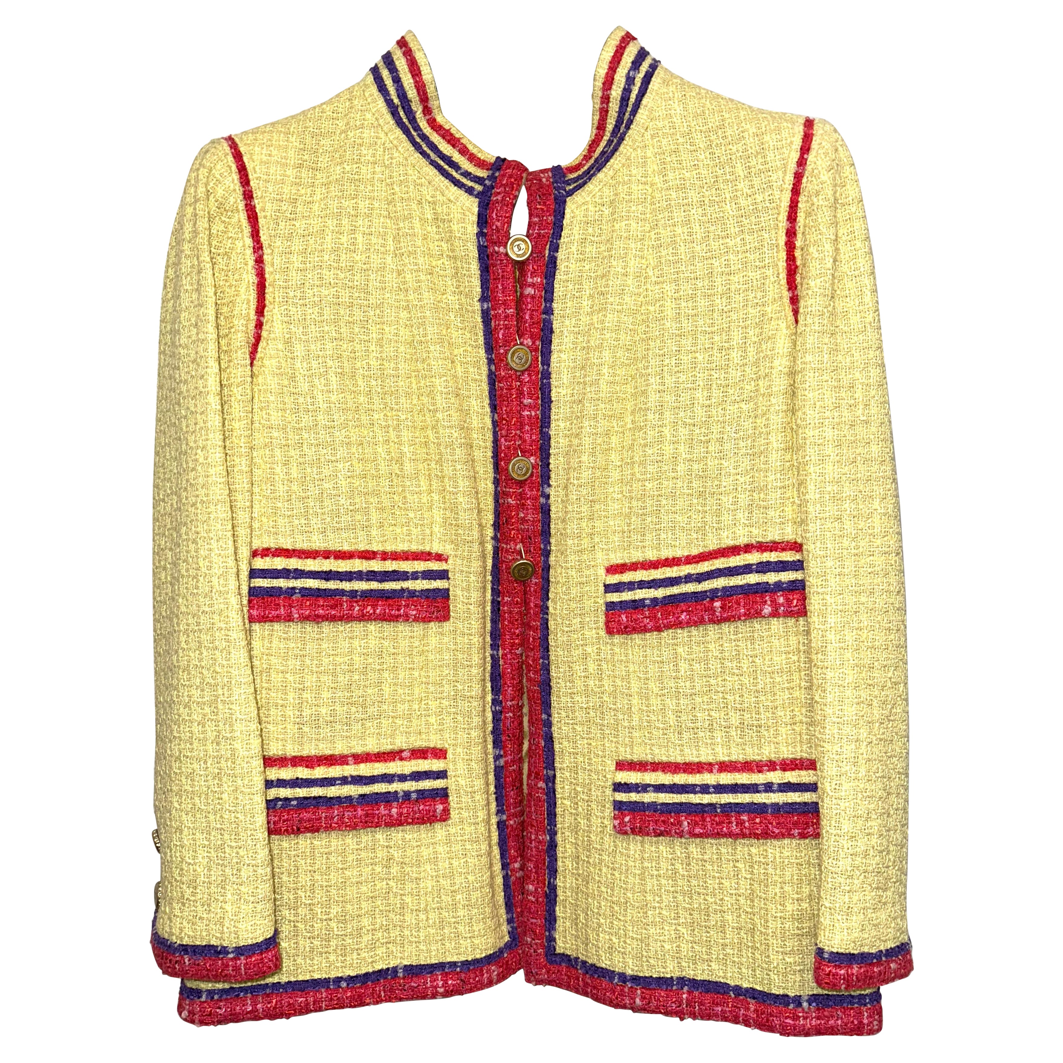 Chanel classic yellow tweed jacket with purple red trim