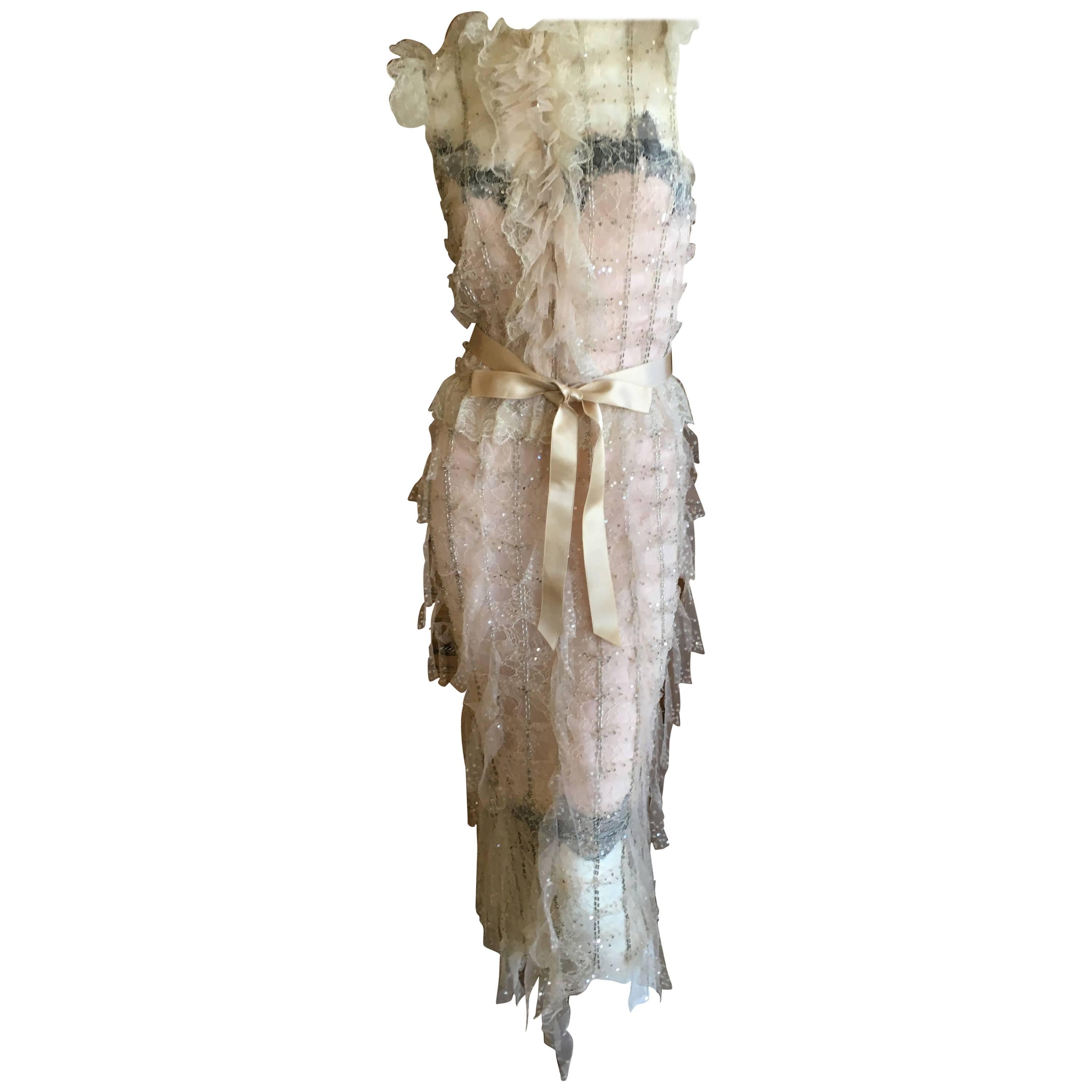  Oscar de la Renta Sheer Embellished Vintage Tiered Ruffle Trim Evening Dress  For Sale