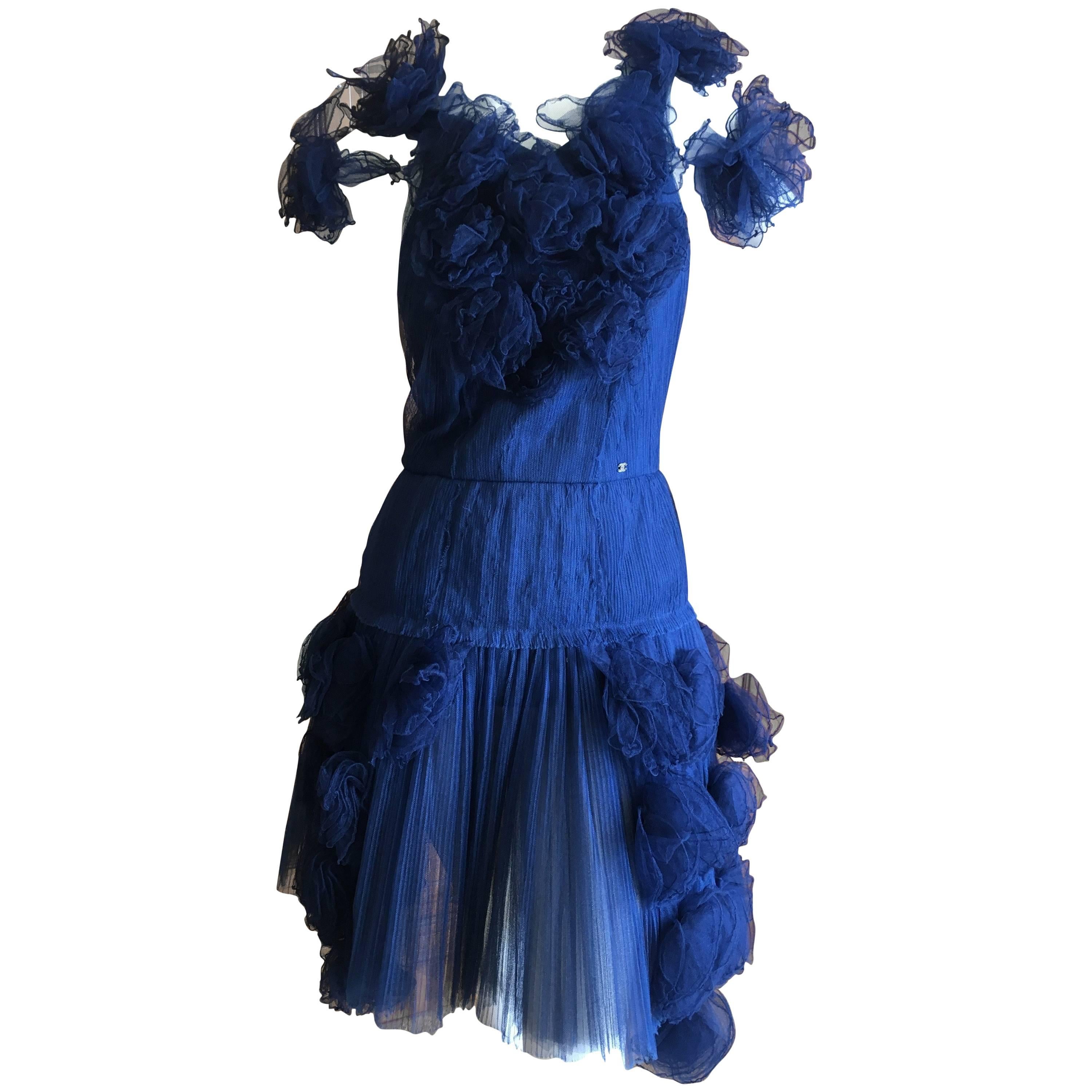 Chanel Romantic Vintage Blue Tulle Dress with Rosettes For Sale