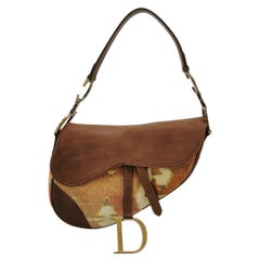Dior Saddle Vintage Braunes Leder Bedruckter Samt Goldene Hardware Umhängetasche