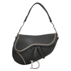 Dior Saddle Vintage Black Calfskin Leather With White Stitching Silver Hardware