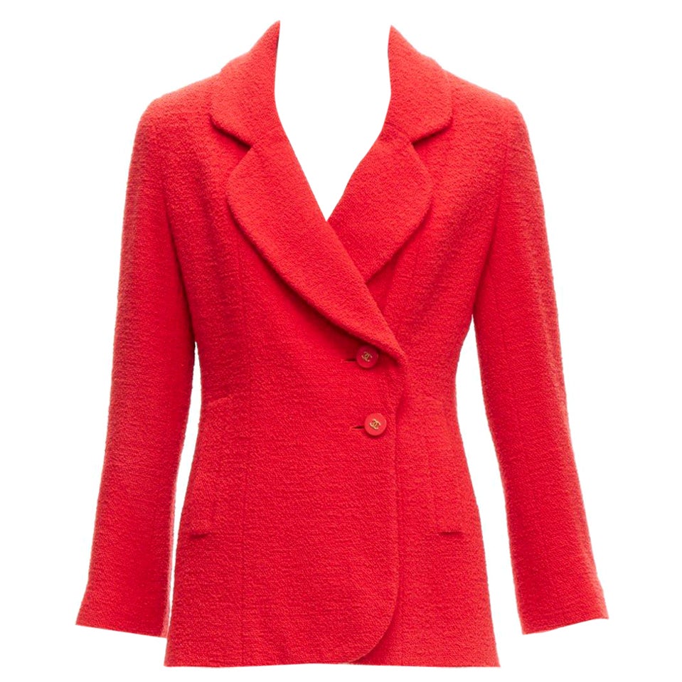 CHANEL 94A Vintage Pasarela lana roja tweed oro CC botón chaqueta FR36 S