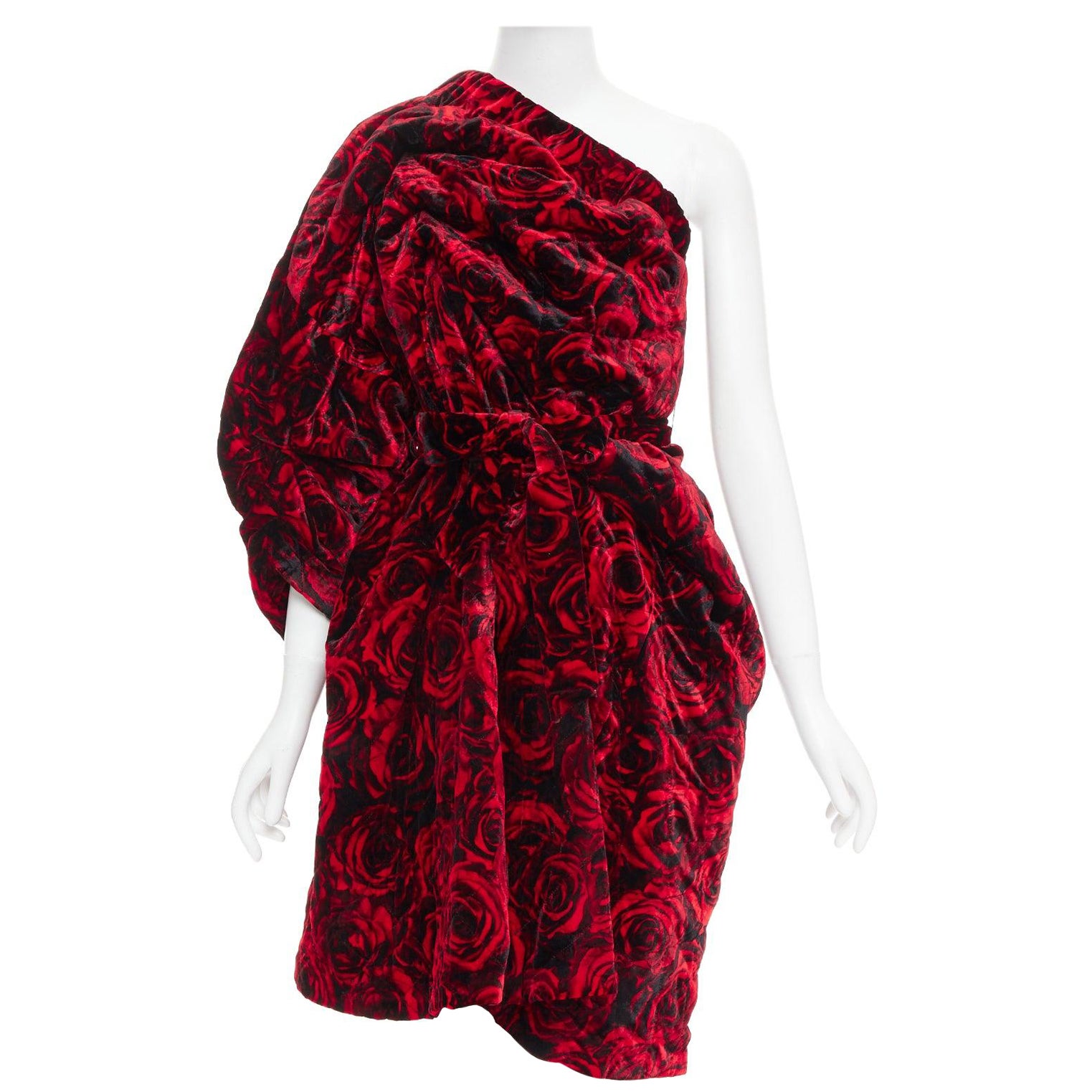 DRIES VAN NOTEN Runway Delta red rose print velvet quilted one shoulder dress M For Sale