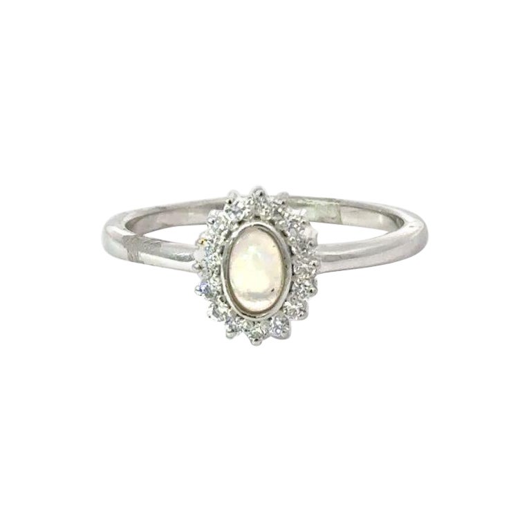 Elegant Cabochon Opal with Zirconia Halo Ring Mothers Day Gift in 925 Silver