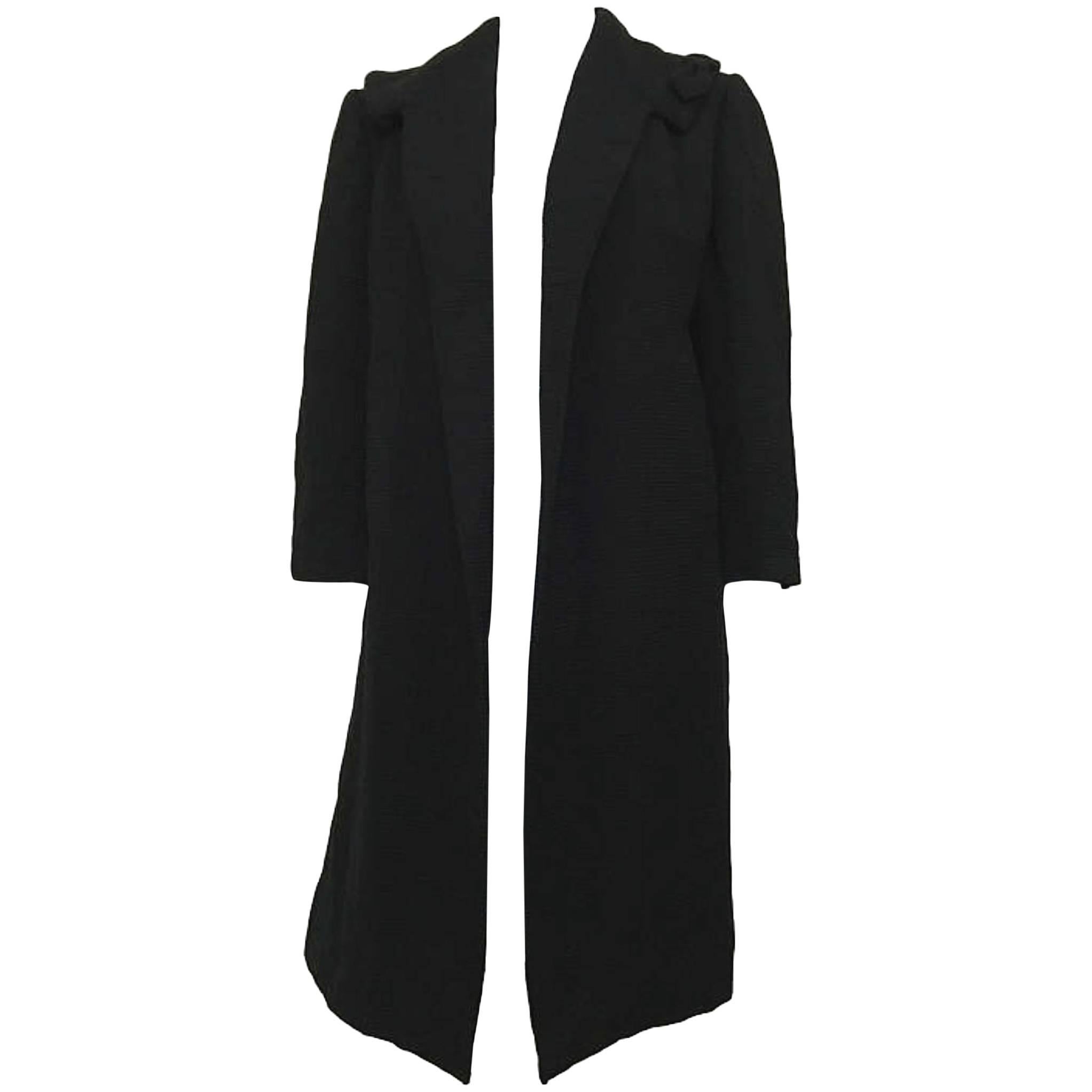 Vintage 1950s Black Obélisque Black Open Duster Coat Corded Wool French 
