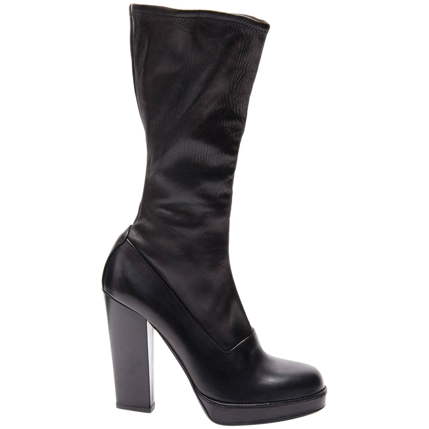 Prada Black Leather High Boots For Sale