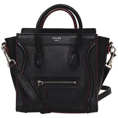 Celine Borsa a tracolla Nano Luggage Tote in pelle nera con finiture rosse