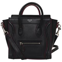 Celine Black Leather Nano Luggage Tote Crossbody Bag w/ Red Trim