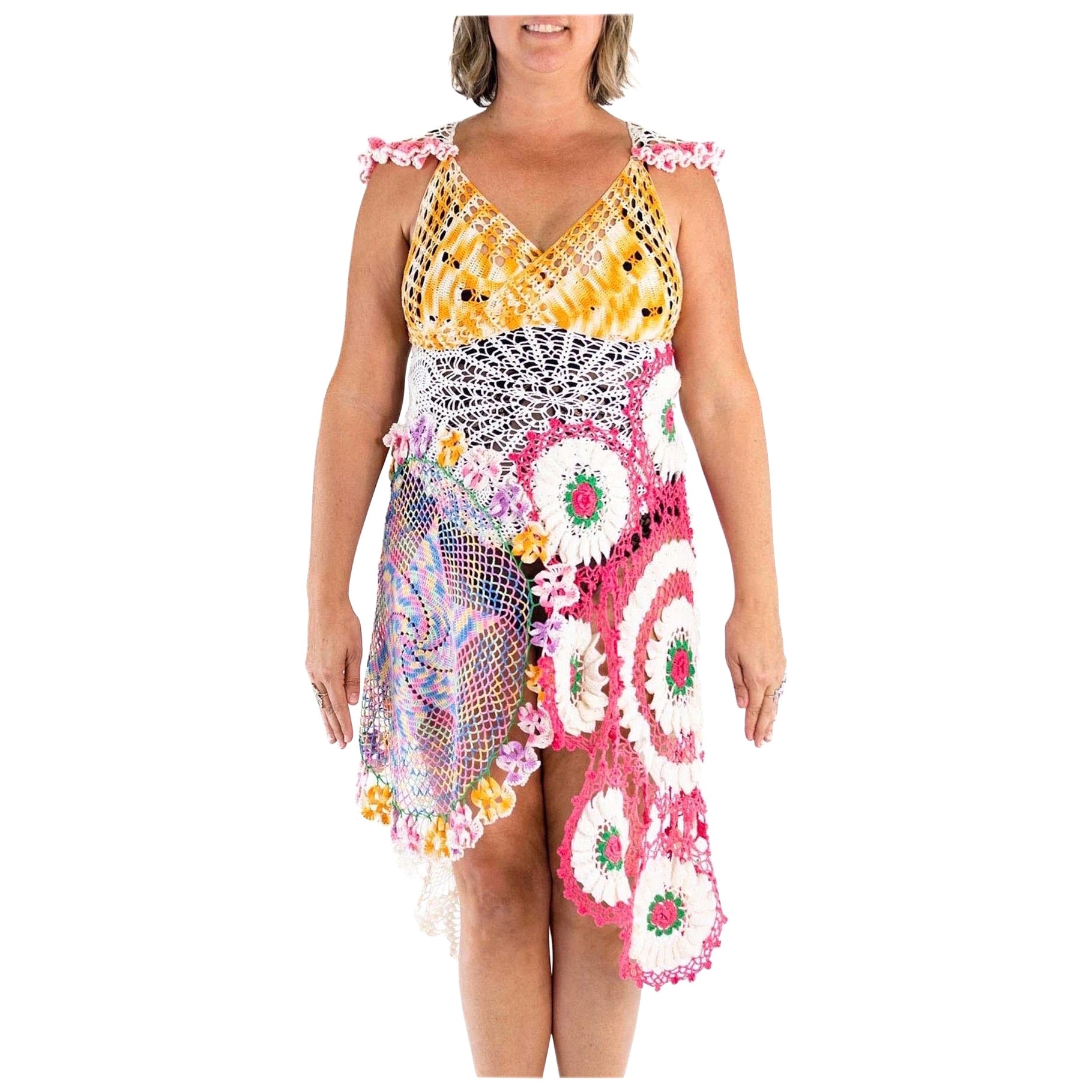 Longue robe doily vintage en coton crochetée multicolore large