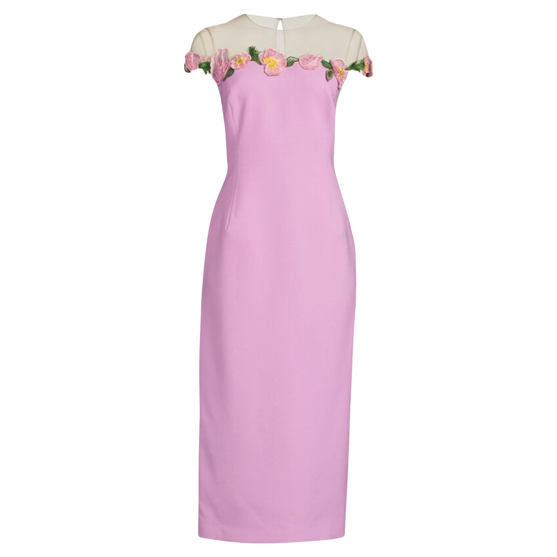 Oscar de la Renta Poppies Illusion Neck Pencil Wool Pink Midi Dress Size US 14 For Sale