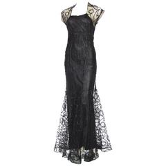 1930s Embroidered Sheer Net Gown with Bias Lining 7