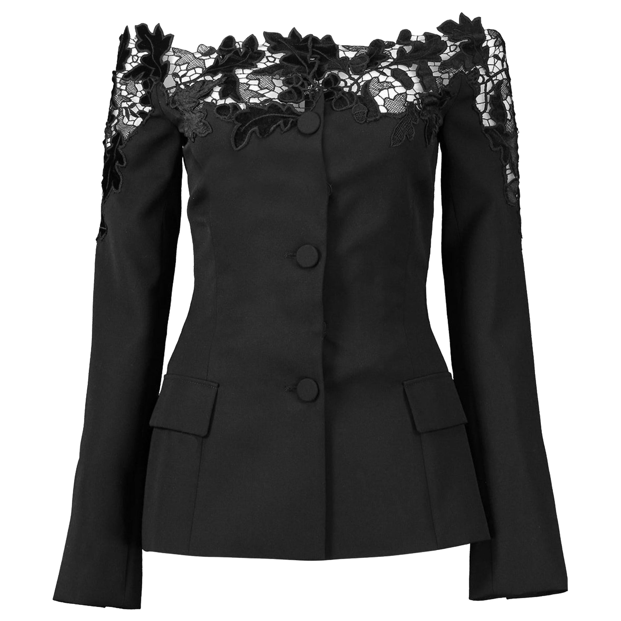 Oscar de la Renta Off-Shoulder Velvet Guipure Lace Blazer Size US 12