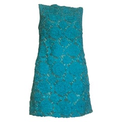 1960s Turquoise Ribbon Lace On Tulle Sleeveless Mod Mini Shift Dress