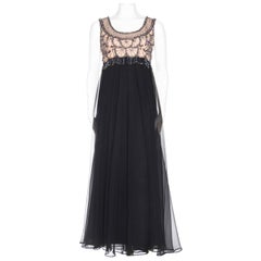 Retro 1960S Black Polyester Chiffon Crystal Beaded Gown With Fringe