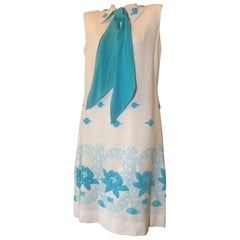 Vintage 1960s Mod White Linen A-Line Day Dress w Turquoise Scarf & Crewel Embroidery