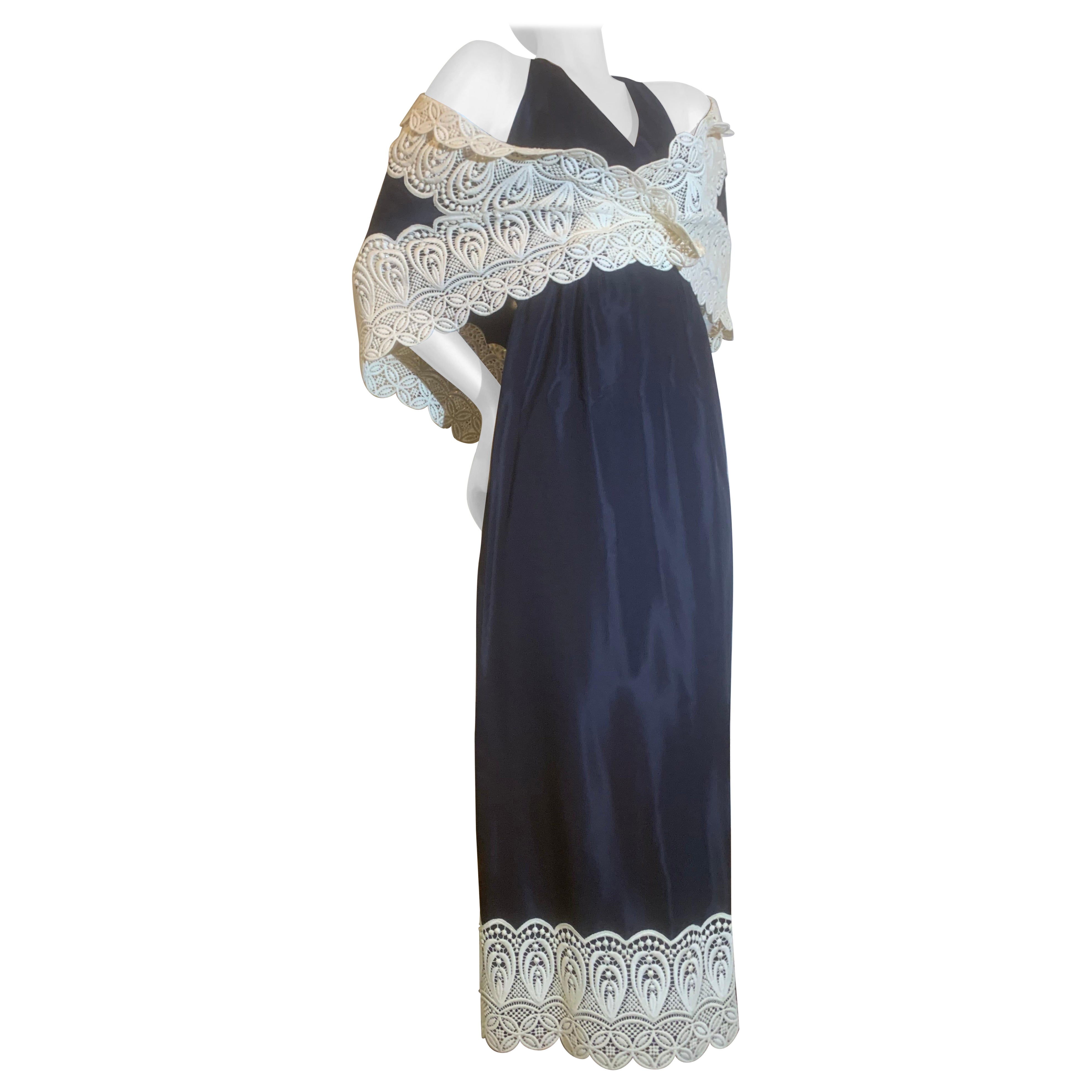 1960s Eloise Curtis Navy Blue Silk Halter Backless Dress w Lace Trim & Shawl For Sale