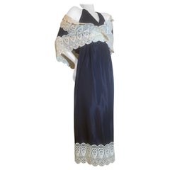 1960s Eloise Curtis Navy Blue Silk Halter Backless Dress w Lace Trim & Shawl