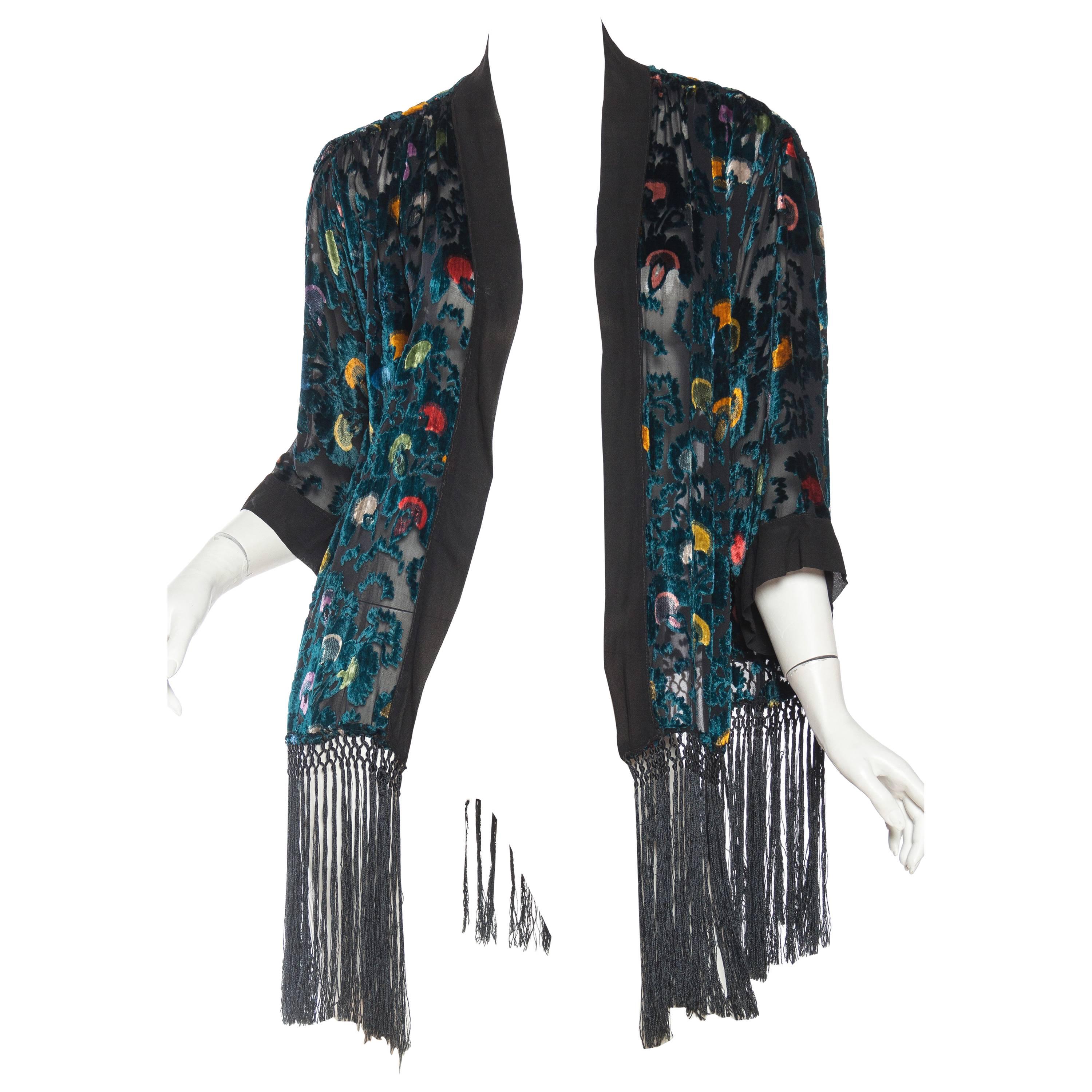 1920s Sheer Silk Velvet Kimono Jacket with Fringe