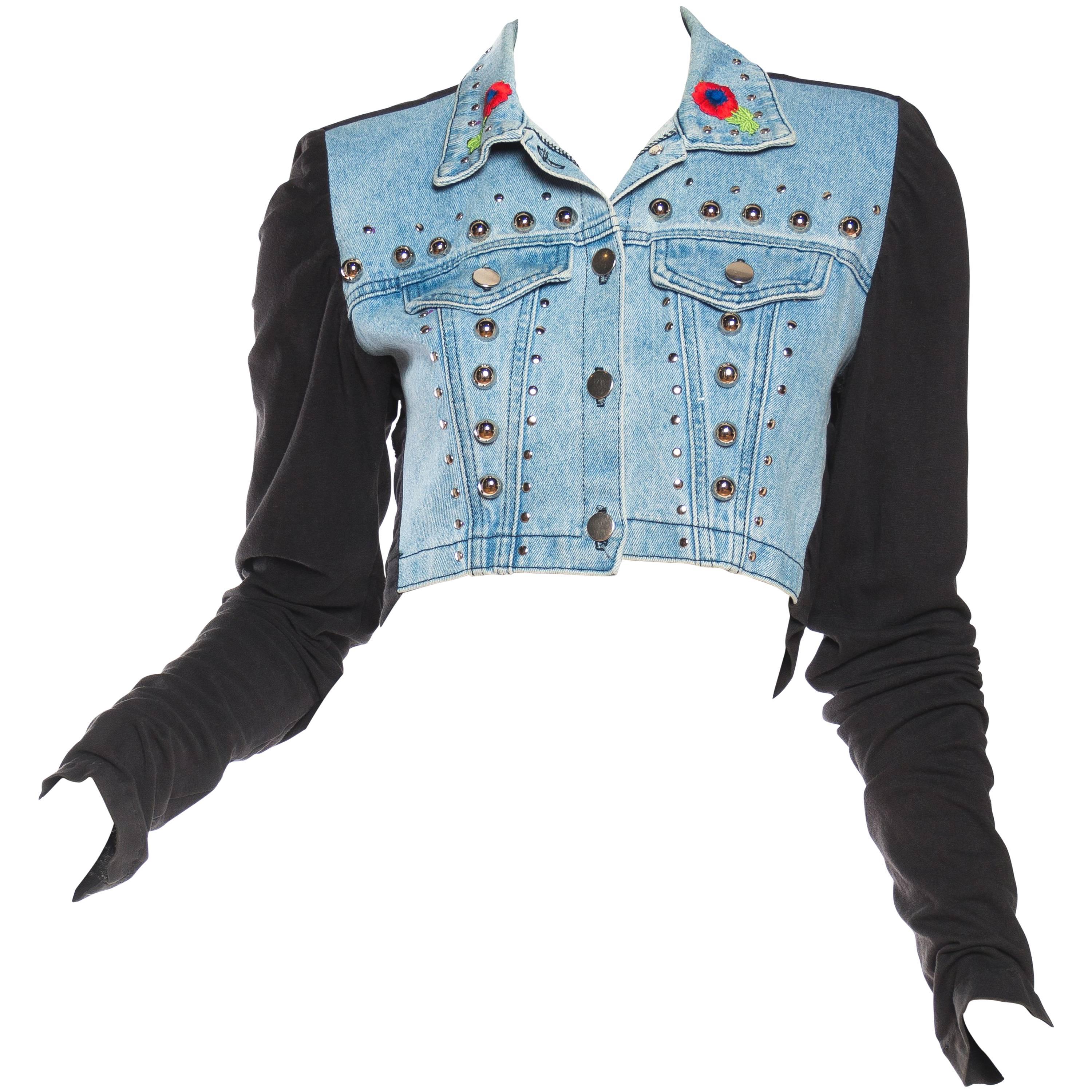 MORPHEW COLLECTION Cotton Chrome Studded Denim Jacket With Embroidery & Beaded Bird  Patch