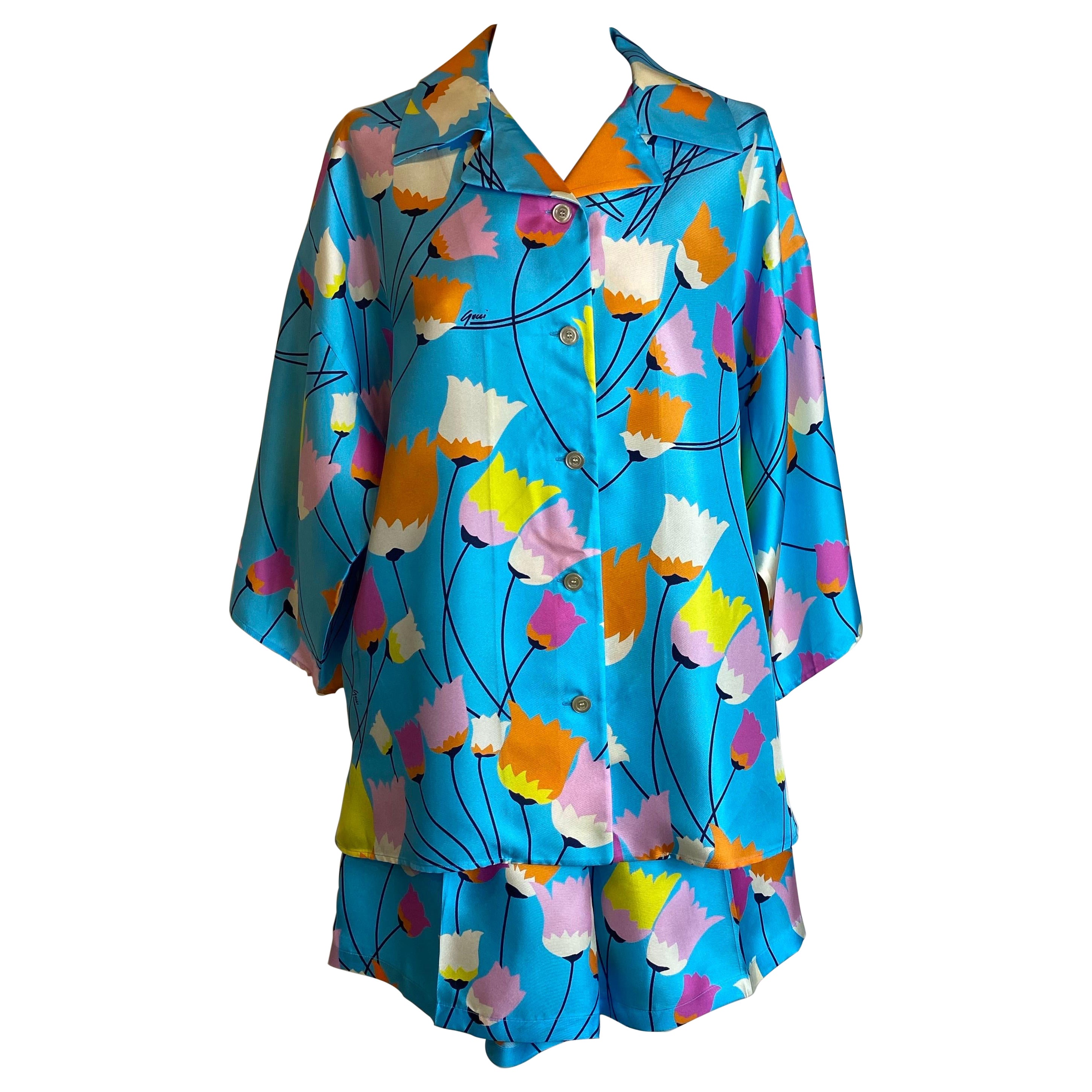 Gucci flower silk pajama Shirt and shirt Set For Sale