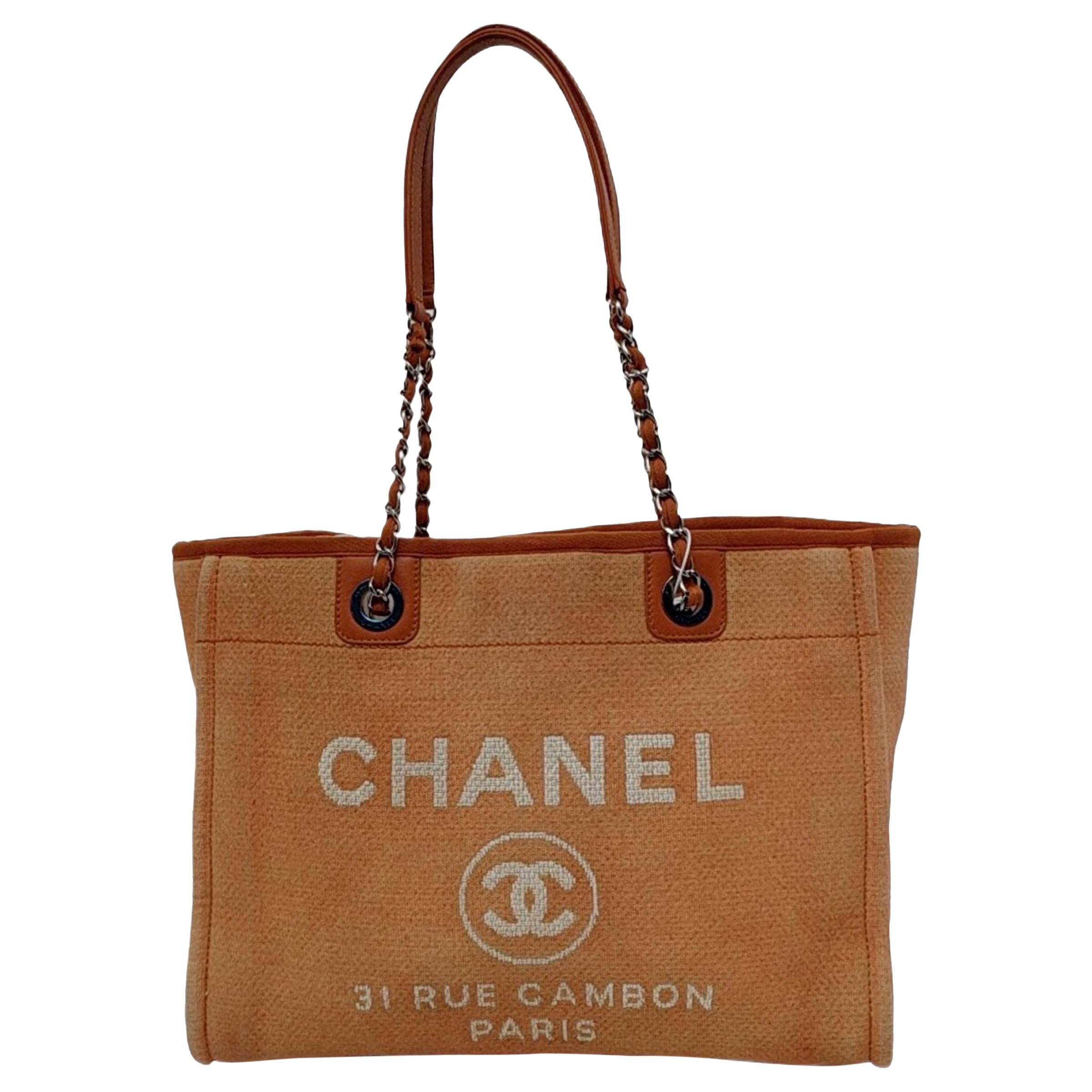 Chanel Deauville Tote Light Orange Denim Leather Trim Small 32cm For Sale