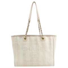 Chanel Deauville Tote Light Beige Stripes Cloth Leather Chain Handle Small 34cm